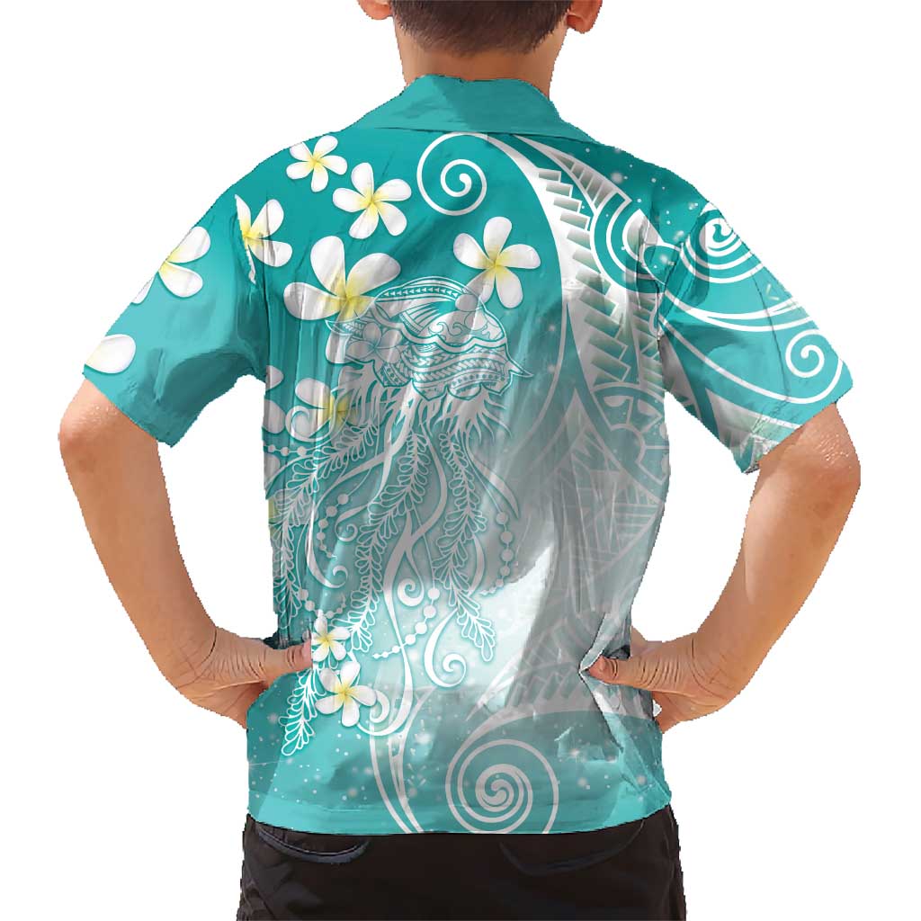 Polynesian Jellyfish Family Matching Long Sleeve Bodycon Dress and Hawaiian Shirt With Plumeria Teal