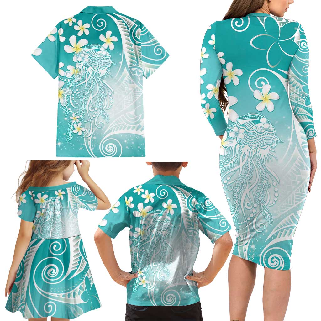 Polynesian Jellyfish Family Matching Long Sleeve Bodycon Dress and Hawaiian Shirt With Plumeria Teal