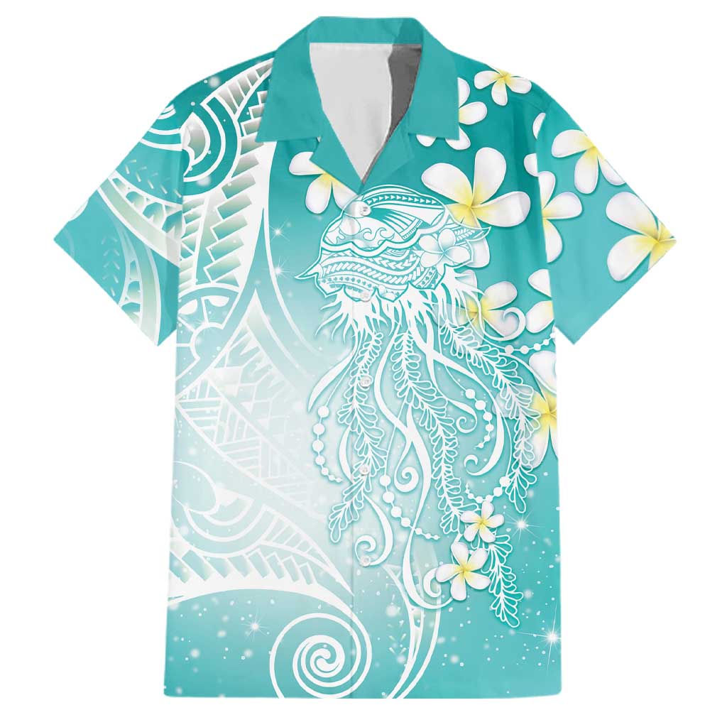 Polynesian Jellyfish Family Matching Long Sleeve Bodycon Dress and Hawaiian Shirt With Plumeria Teal