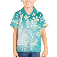 Polynesian Jellyfish Family Matching Long Sleeve Bodycon Dress and Hawaiian Shirt With Plumeria Teal