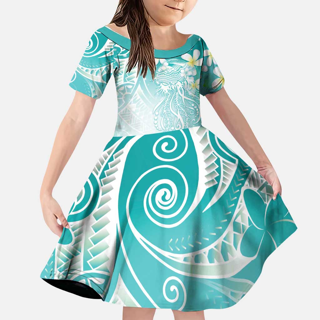 Polynesian Jellyfish Family Matching Off The Shoulder Long Sleeve Dress and Hawaiian Shirt With Plumeria Teal