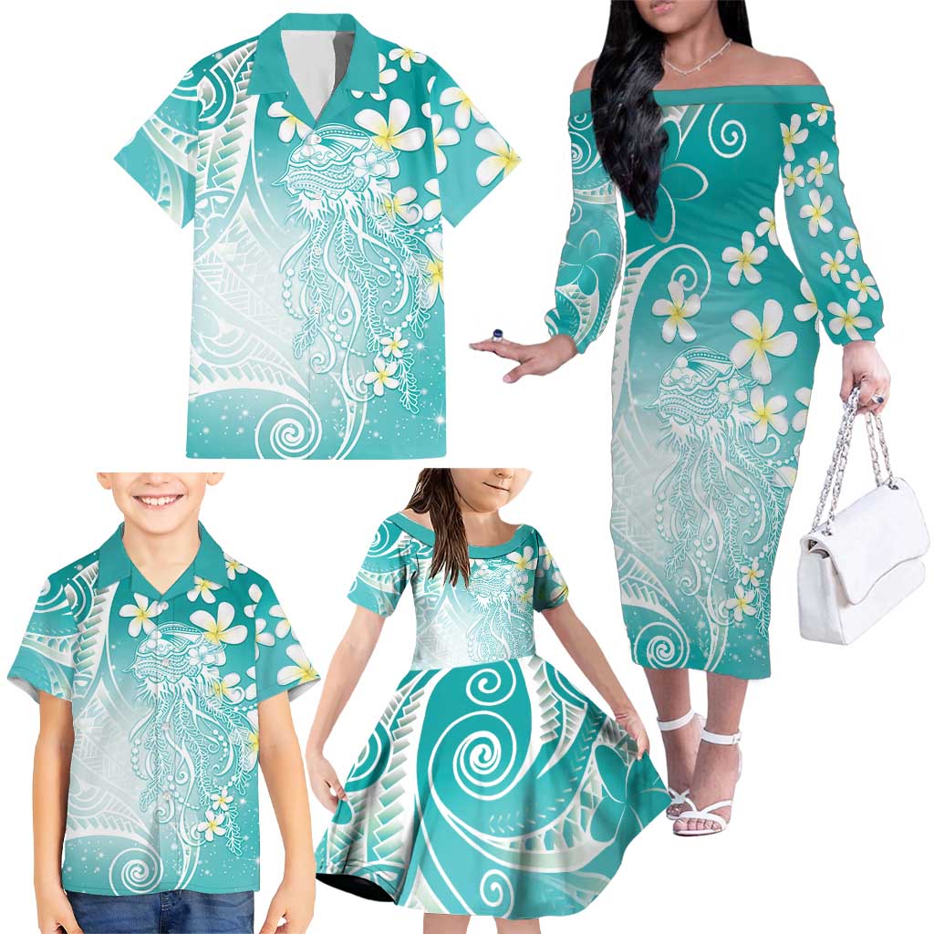 Polynesian Jellyfish Family Matching Off The Shoulder Long Sleeve Dress and Hawaiian Shirt With Plumeria Teal
