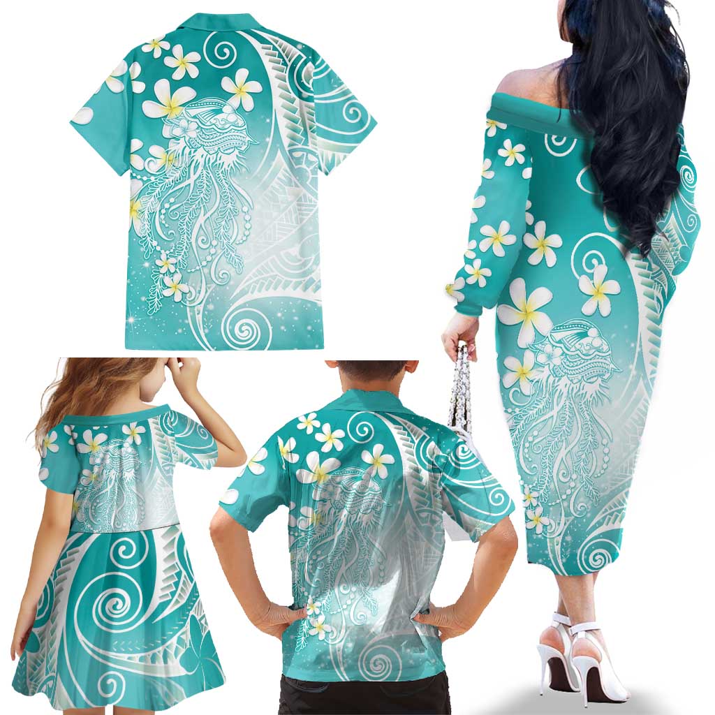 Polynesian Jellyfish Family Matching Off The Shoulder Long Sleeve Dress and Hawaiian Shirt With Plumeria Teal