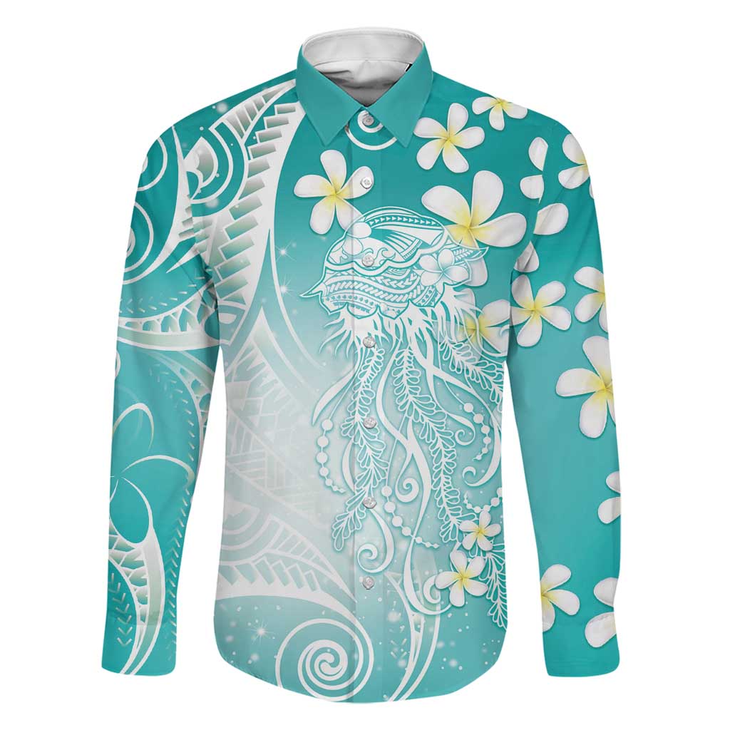 Polynesian Jellyfish Family Matching Off The Shoulder Long Sleeve Dress and Hawaiian Shirt With Plumeria Teal