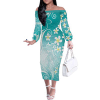 Polynesian Jellyfish Family Matching Off The Shoulder Long Sleeve Dress and Hawaiian Shirt With Plumeria Teal