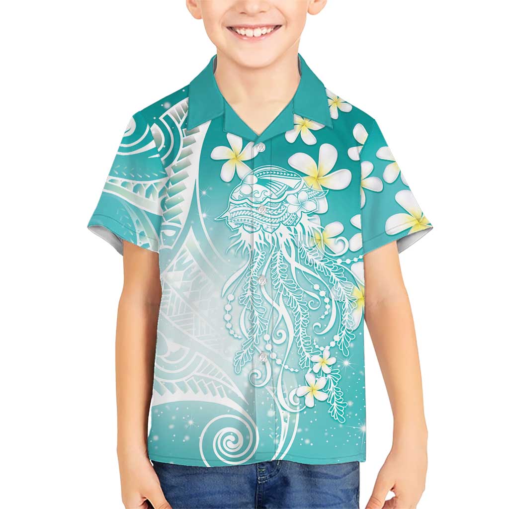 Polynesian Jellyfish Family Matching Off The Shoulder Long Sleeve Dress and Hawaiian Shirt With Plumeria Teal