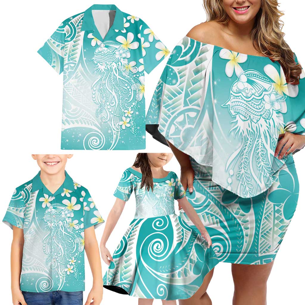 Polynesian Jellyfish Family Matching Off Shoulder Short Dress and Hawaiian Shirt With Plumeria Teal LT05 - Polynesian Pride