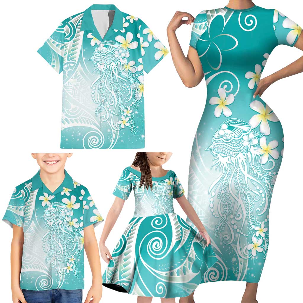 Polynesian Jellyfish Family Matching Short Sleeve Bodycon Dress and Hawaiian Shirt With Plumeria Teal