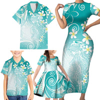 Polynesian Jellyfish Family Matching Short Sleeve Bodycon Dress and Hawaiian Shirt With Plumeria Teal