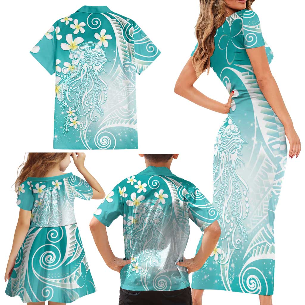 Polynesian Jellyfish Family Matching Short Sleeve Bodycon Dress and Hawaiian Shirt With Plumeria Teal