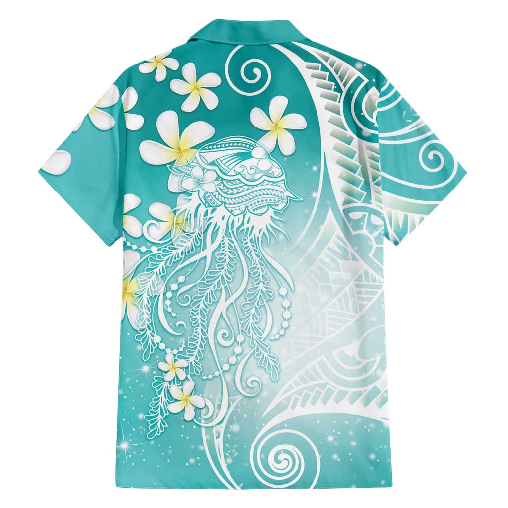 Polynesian Jellyfish Family Matching Short Sleeve Bodycon Dress and Hawaiian Shirt With Plumeria Teal