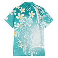 Polynesian Jellyfish Family Matching Short Sleeve Bodycon Dress and Hawaiian Shirt With Plumeria Teal