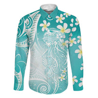 Polynesian Jellyfish Family Matching Short Sleeve Bodycon Dress and Hawaiian Shirt With Plumeria Teal