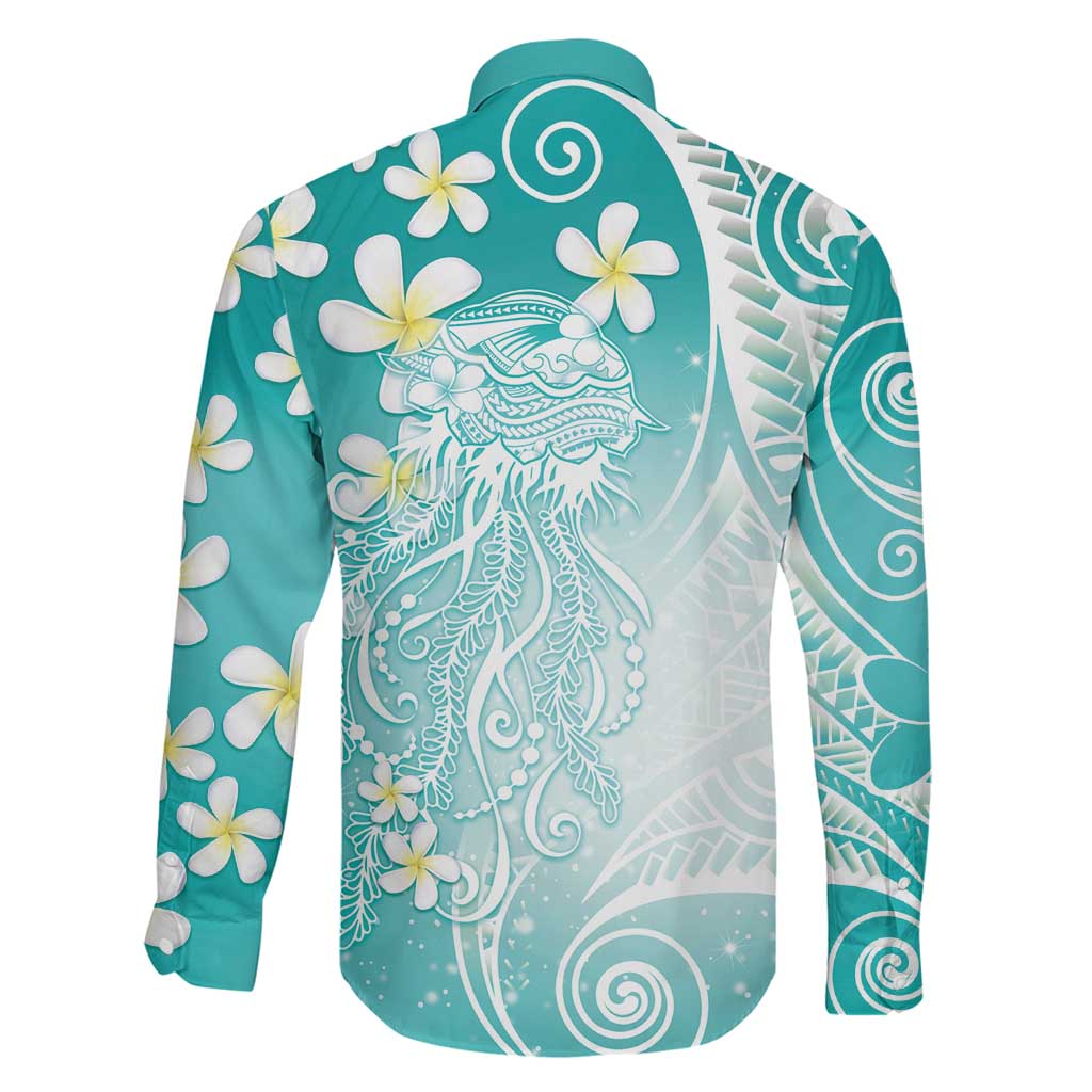 Polynesian Jellyfish Family Matching Short Sleeve Bodycon Dress and Hawaiian Shirt With Plumeria Teal