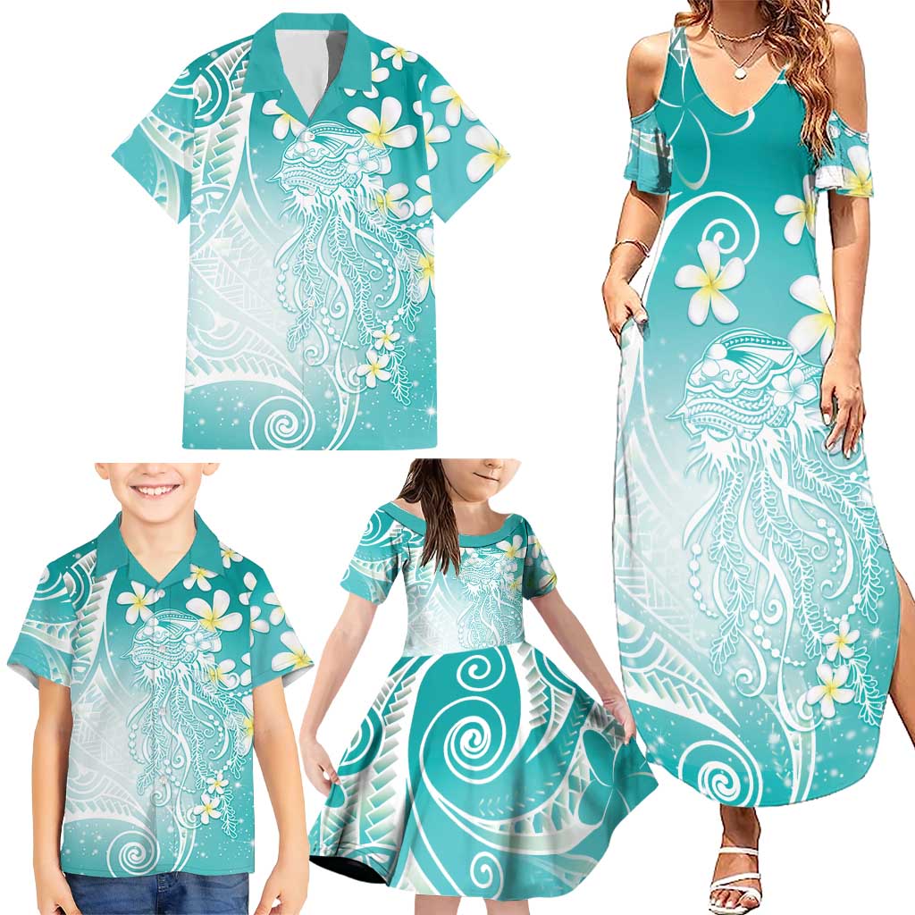 Polynesian Jellyfish Family Matching Summer Maxi Dress and Hawaiian Shirt With Plumeria Teal LT05 - Polynesian Pride