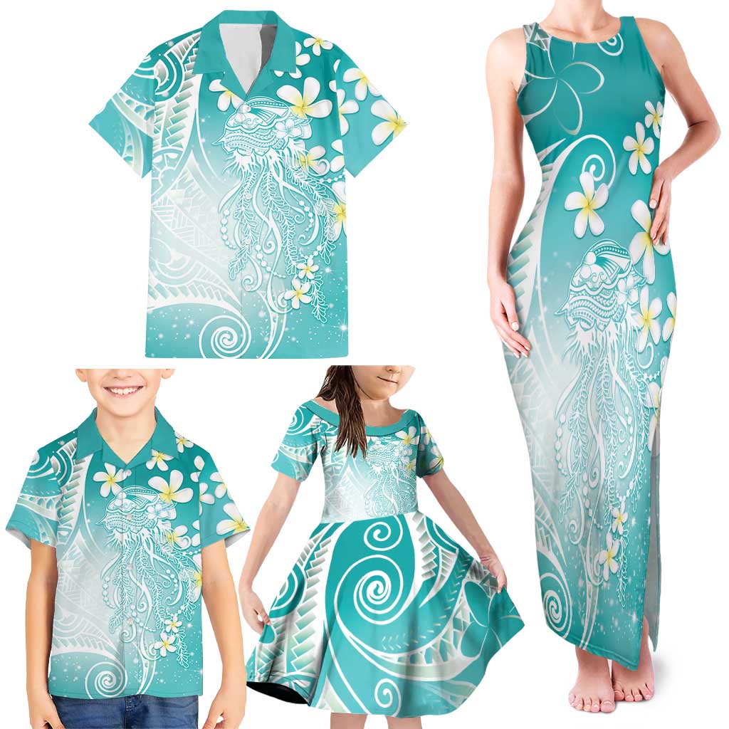 Polynesian Jellyfish Family Matching Tank Maxi Dress and Hawaiian Shirt With Plumeria Teal