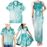 Polynesian Jellyfish Family Matching Tank Maxi Dress and Hawaiian Shirt With Plumeria Teal