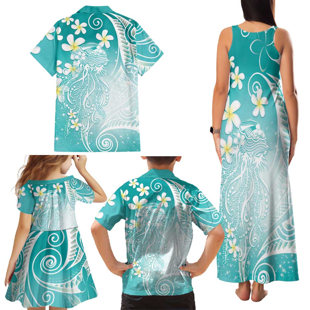 Polynesian Jellyfish Family Matching Tank Maxi Dress and Hawaiian Shirt With Plumeria Teal