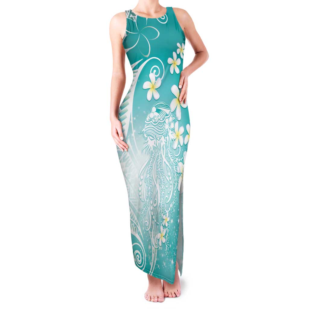 Polynesian Jellyfish Family Matching Tank Maxi Dress and Hawaiian Shirt With Plumeria Teal