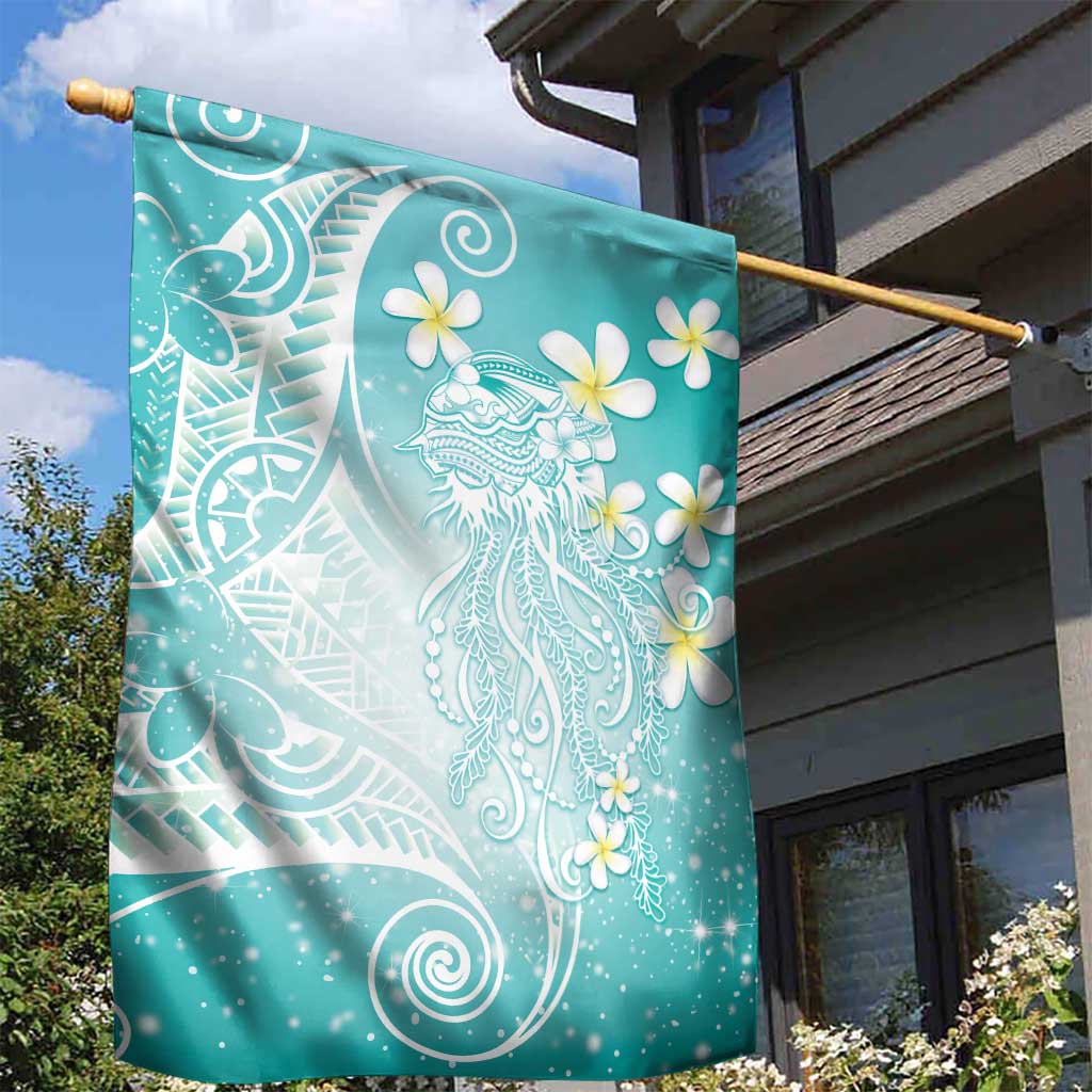 Polynesian Jellyfish Garden Flag With Plumeria Teal
