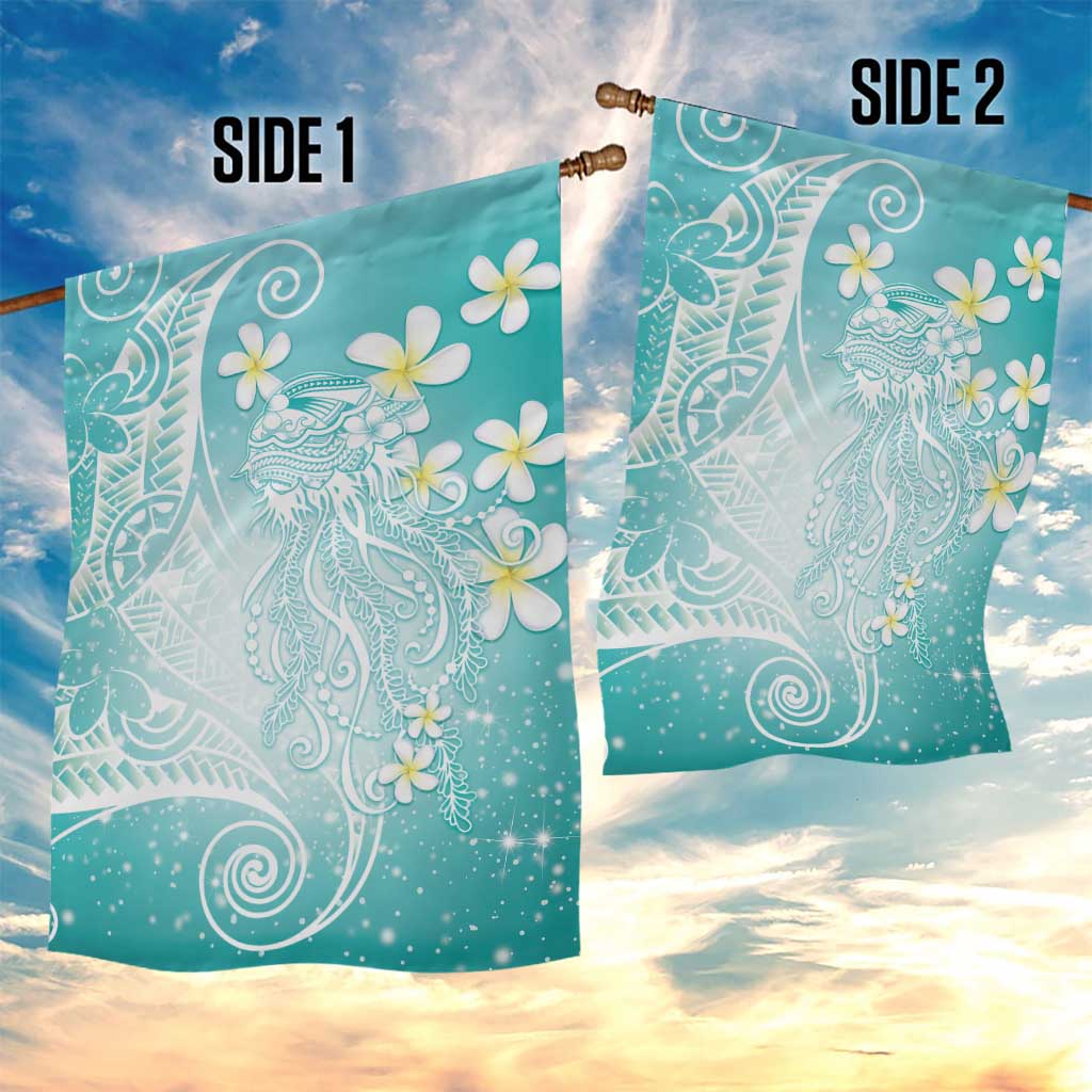 Polynesian Jellyfish Garden Flag With Plumeria Teal