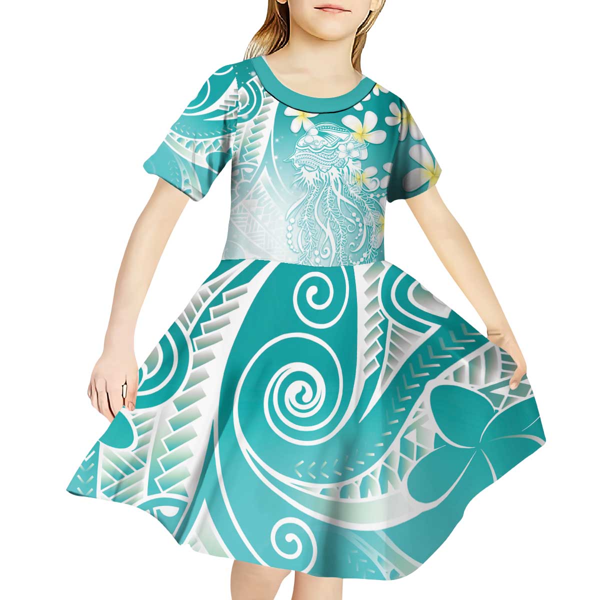 Polynesian Jellyfish Kid Short Sleeve Dress With Plumeria Teal