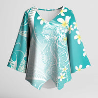 Polynesian Jellyfish Kimono Sleeve Blouse With Plumeria Teal
