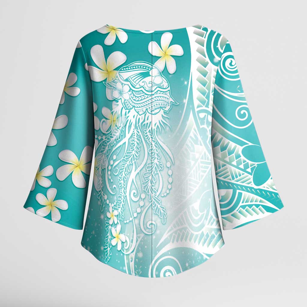 Polynesian Jellyfish Kimono Sleeve Blouse With Plumeria Teal