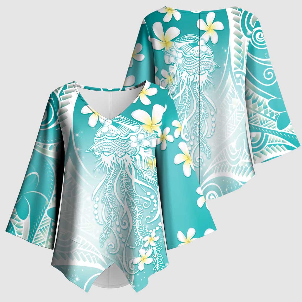 Polynesian Jellyfish Kimono Sleeve Blouse With Plumeria Teal