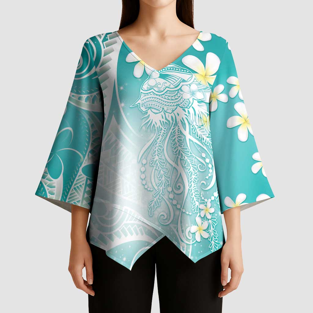 Polynesian Jellyfish Kimono Sleeve Blouse With Plumeria Teal