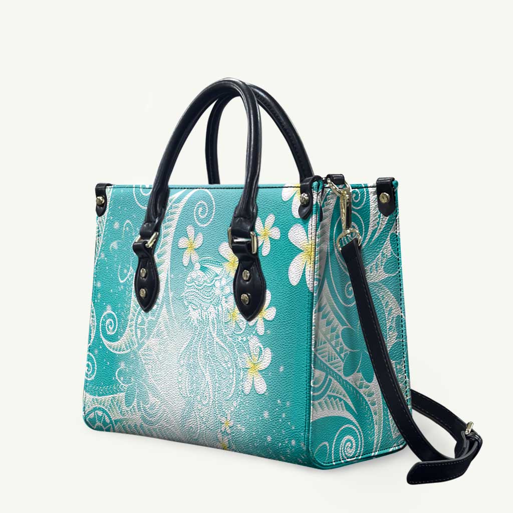 Polynesian Jellyfish Leather Bag With Plumeria Teal