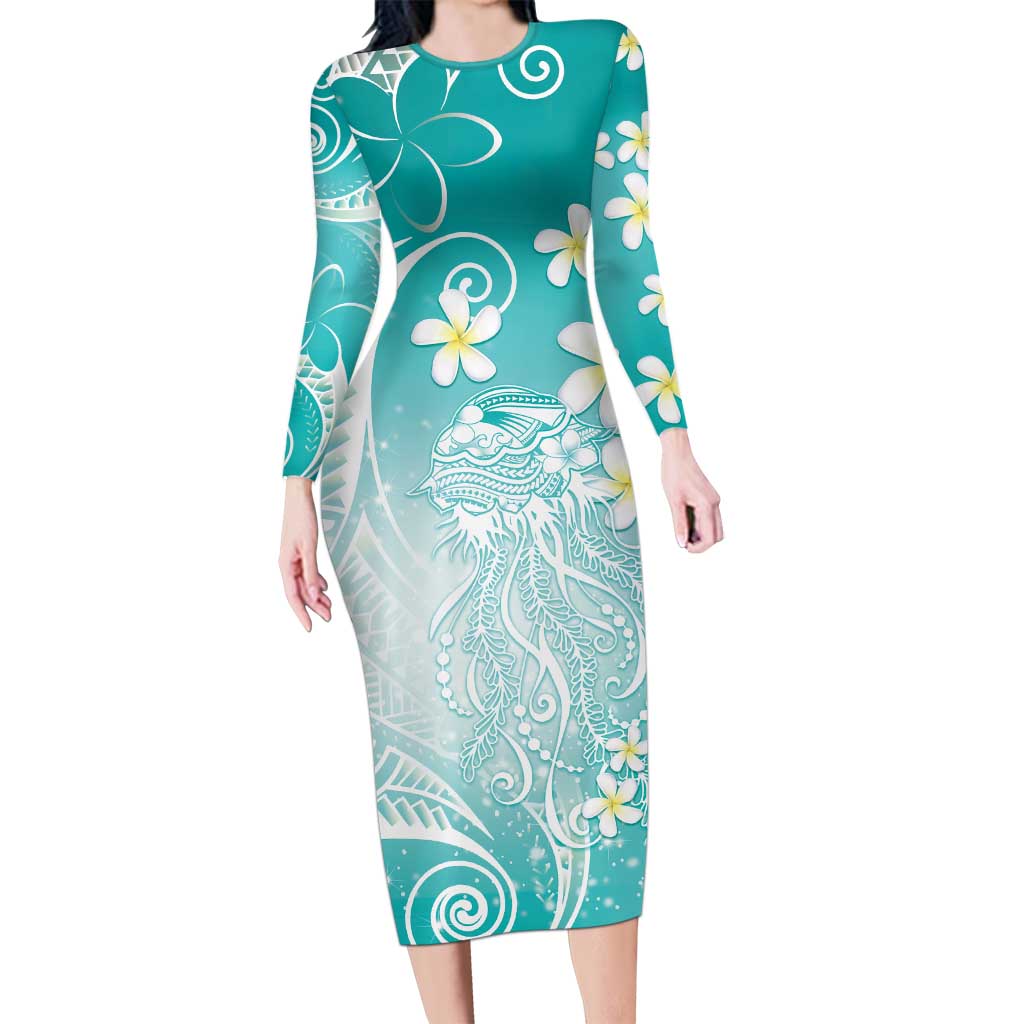 Polynesian Jellyfish Long Sleeve Bodycon Dress With Plumeria Teal