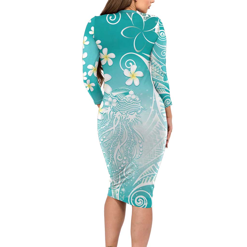Polynesian Jellyfish Long Sleeve Bodycon Dress With Plumeria Teal