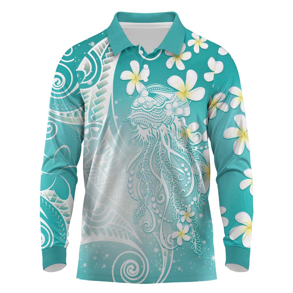 Polynesian Jellyfish Long Sleeve Polo Shirt With Plumeria Teal