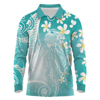 Polynesian Jellyfish Long Sleeve Polo Shirt With Plumeria Teal
