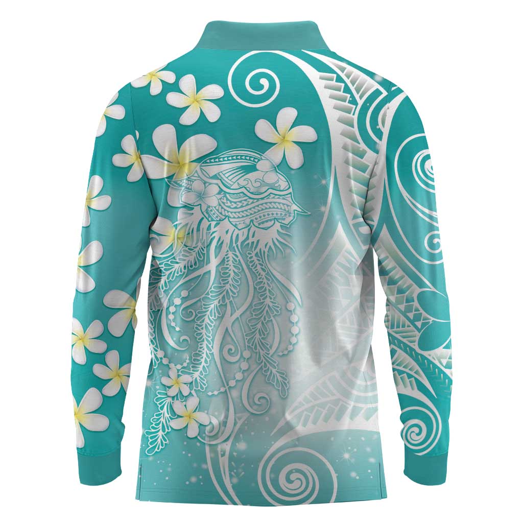 Polynesian Jellyfish Long Sleeve Polo Shirt With Plumeria Teal