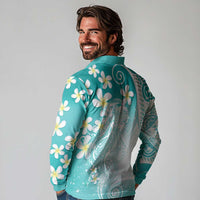 Polynesian Jellyfish Long Sleeve Polo Shirt With Plumeria Teal