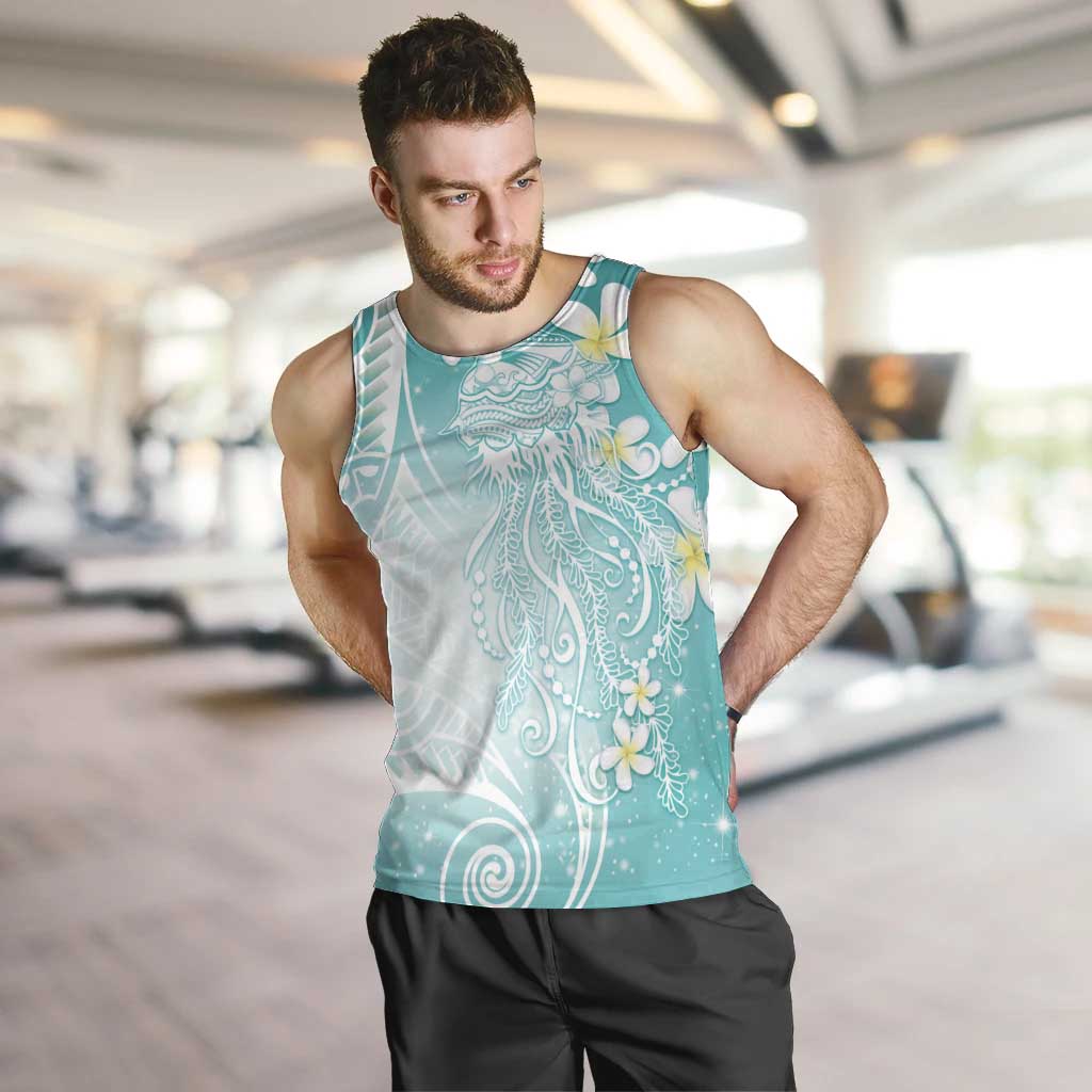 Polynesian Jellyfish Men Tank Top With Plumeria Teal