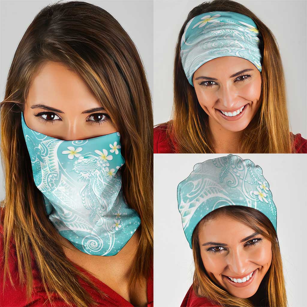 Polynesian Jellyfish Neck Gaiter With Plumeria Teal