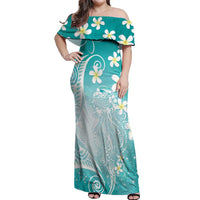 Polynesian Jellyfish Off Shoulder Maxi Dress With Plumeria Teal