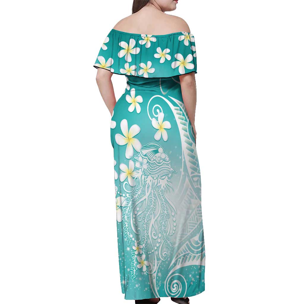 Polynesian Jellyfish Off Shoulder Maxi Dress With Plumeria Teal