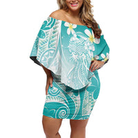 Polynesian Jellyfish Off Shoulder Short Dress With Plumeria Teal