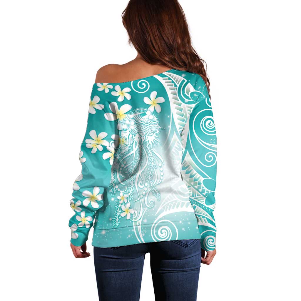 Polynesian Jellyfish Off Shoulder Sweater With Plumeria Teal