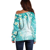 Polynesian Jellyfish Off Shoulder Sweater With Plumeria Teal