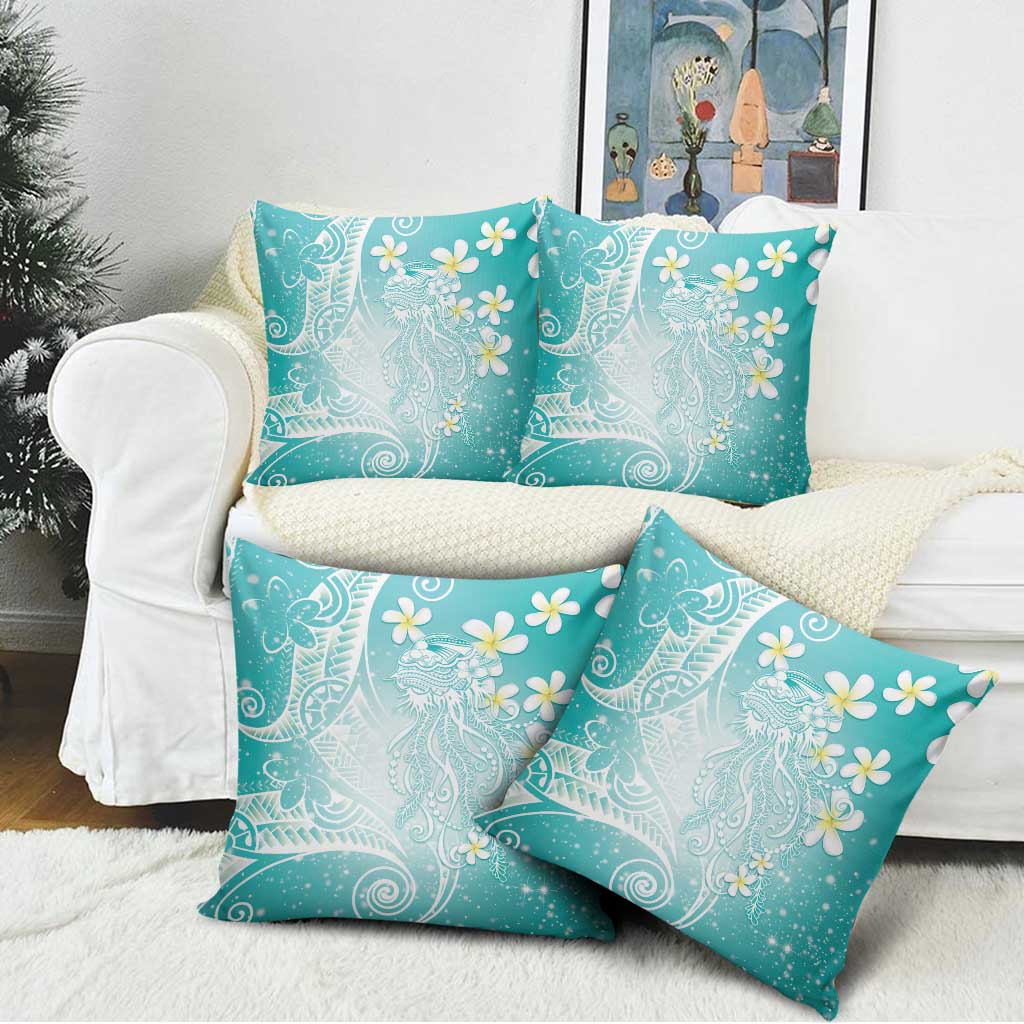 Polynesian Jellyfish Pillow Cover With Plumeria Teal