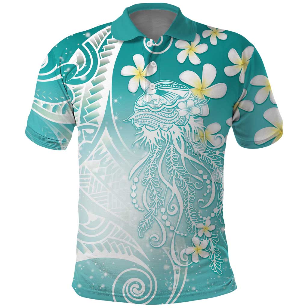 Polynesian Jellyfish Polo Shirt With Plumeria Teal