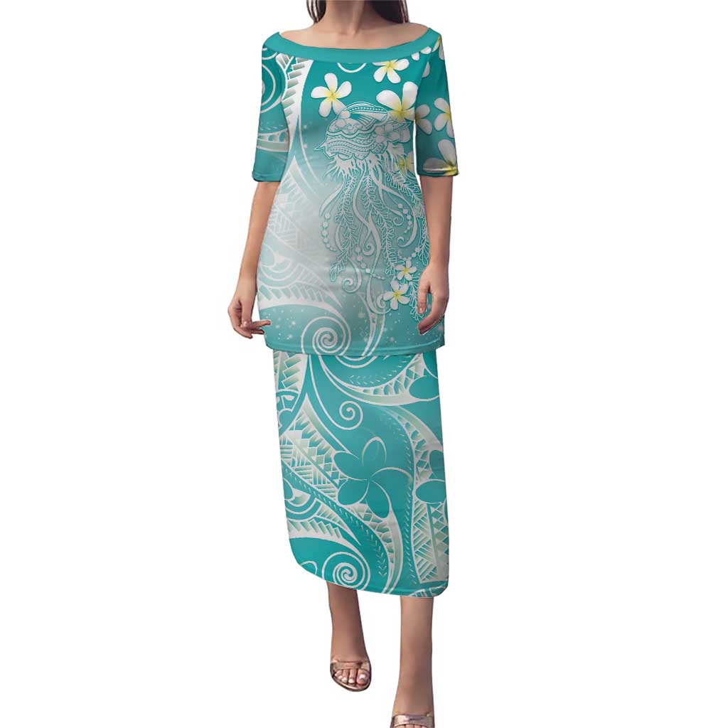 Polynesian Jellyfish Puletasi With Plumeria Teal