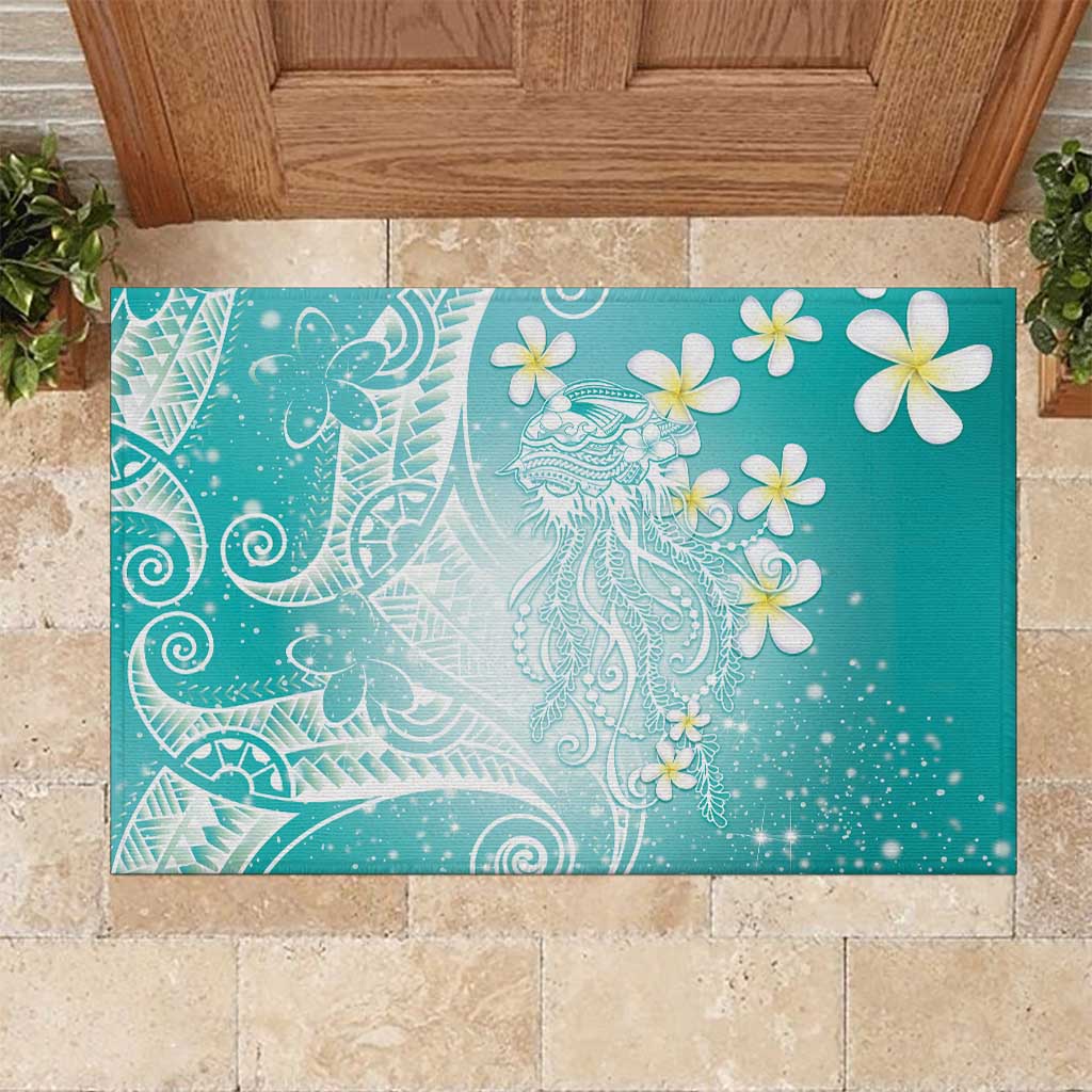 Polynesian Jellyfish Rubber Doormat With Plumeria Teal