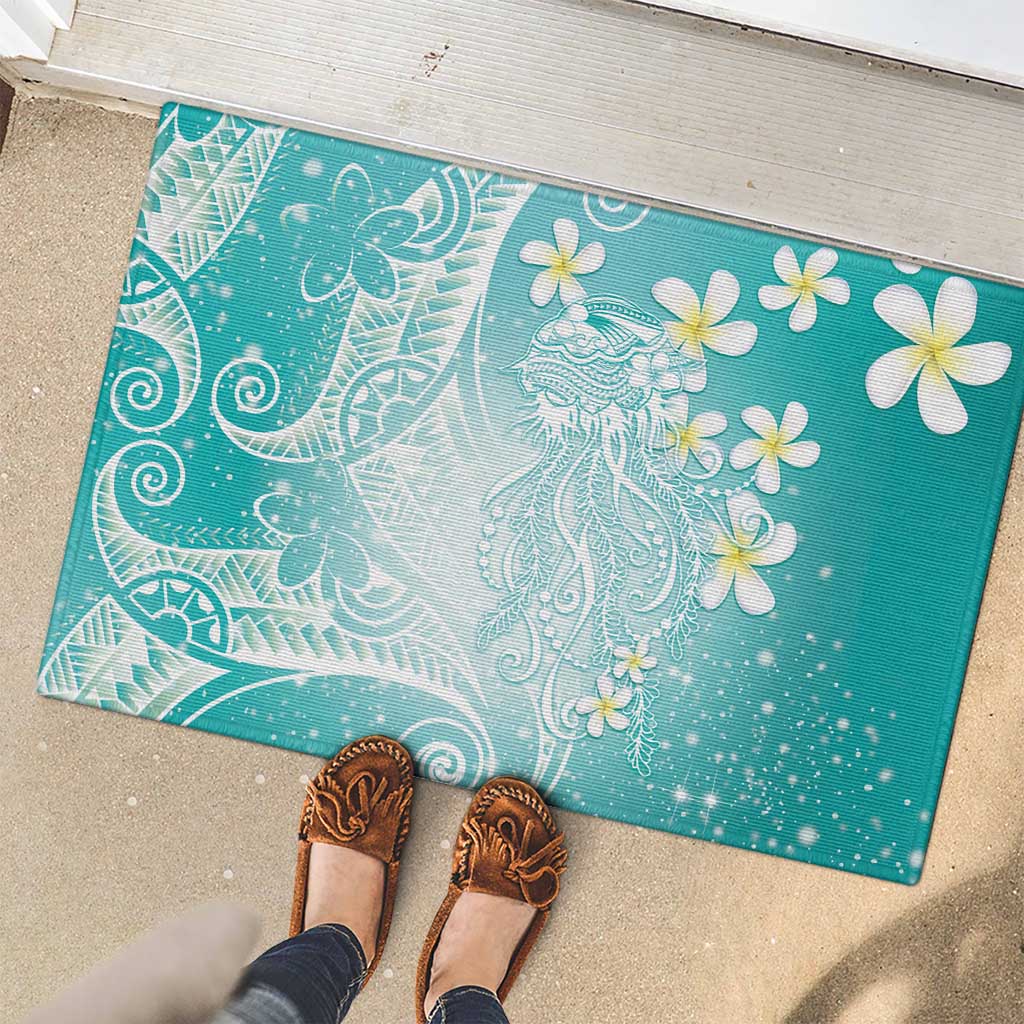 Polynesian Jellyfish Rubber Doormat With Plumeria Teal