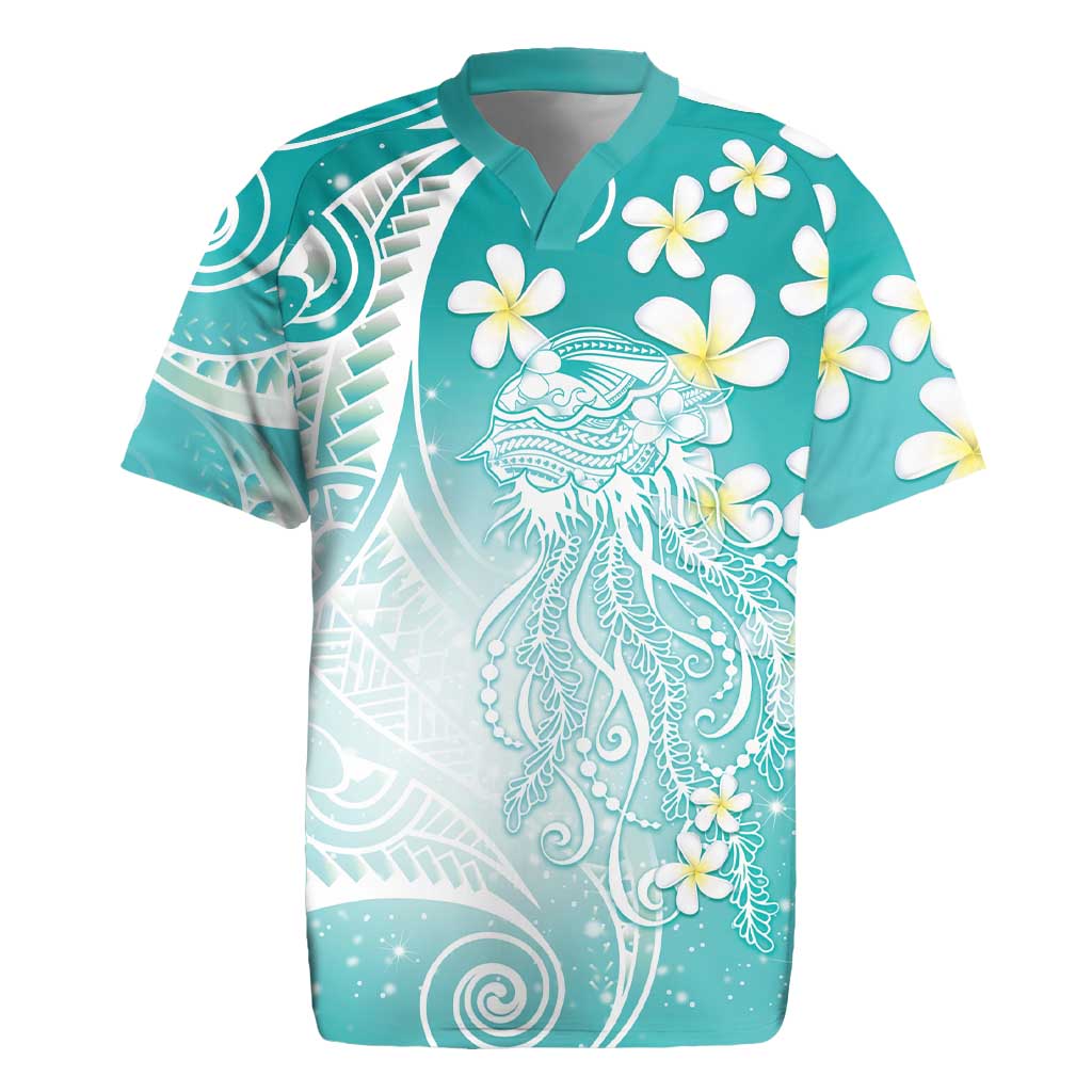 Polynesian Jellyfish Rugby Jersey With Plumeria Teal